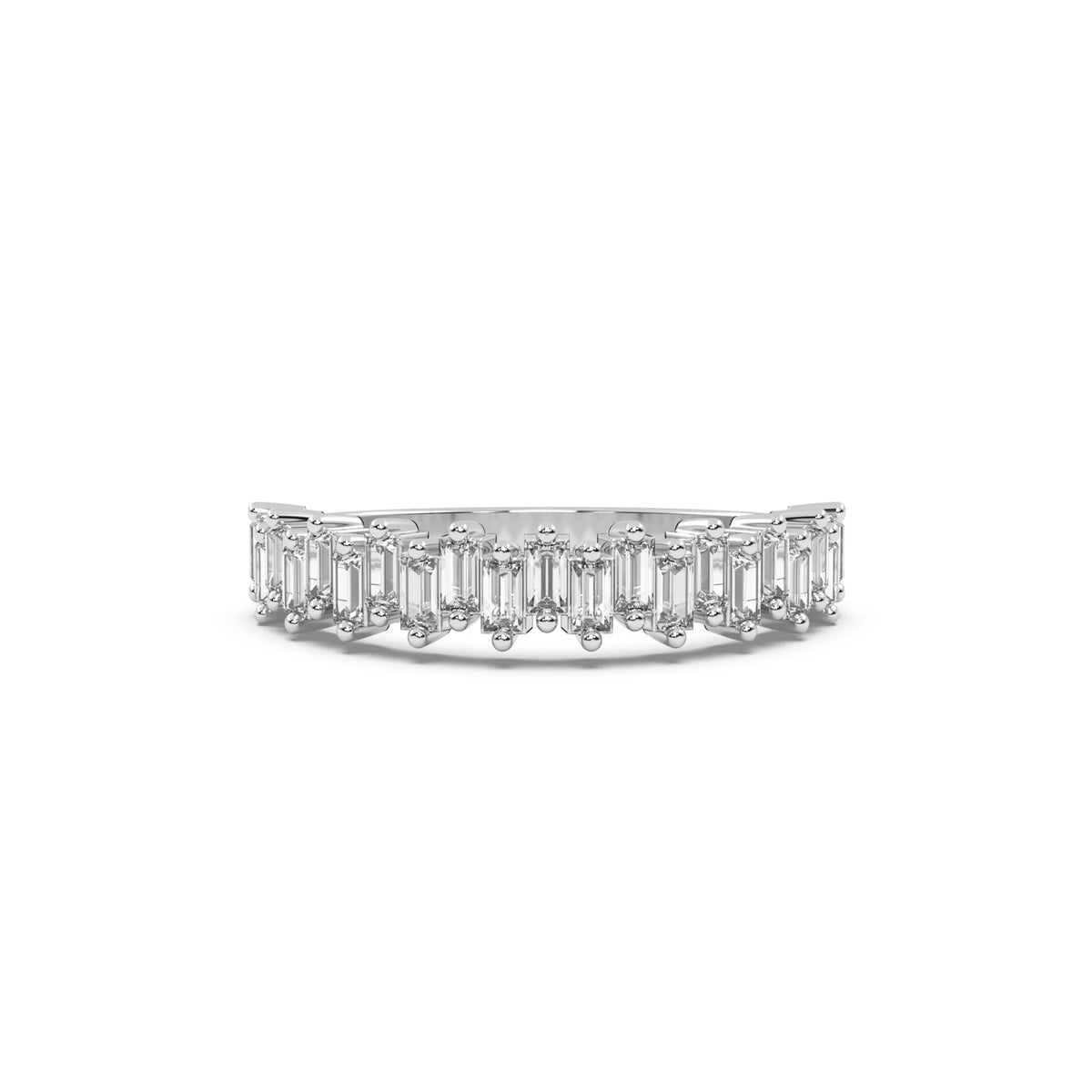 This white gold ring features baguette diamonds arranged in an up and down pattern, with each diamond securely set in a two prong setting in top view