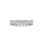 This white gold ring features baguette diamonds arranged in an up and down pattern, with each diamond securely set in a two prong setting in top view