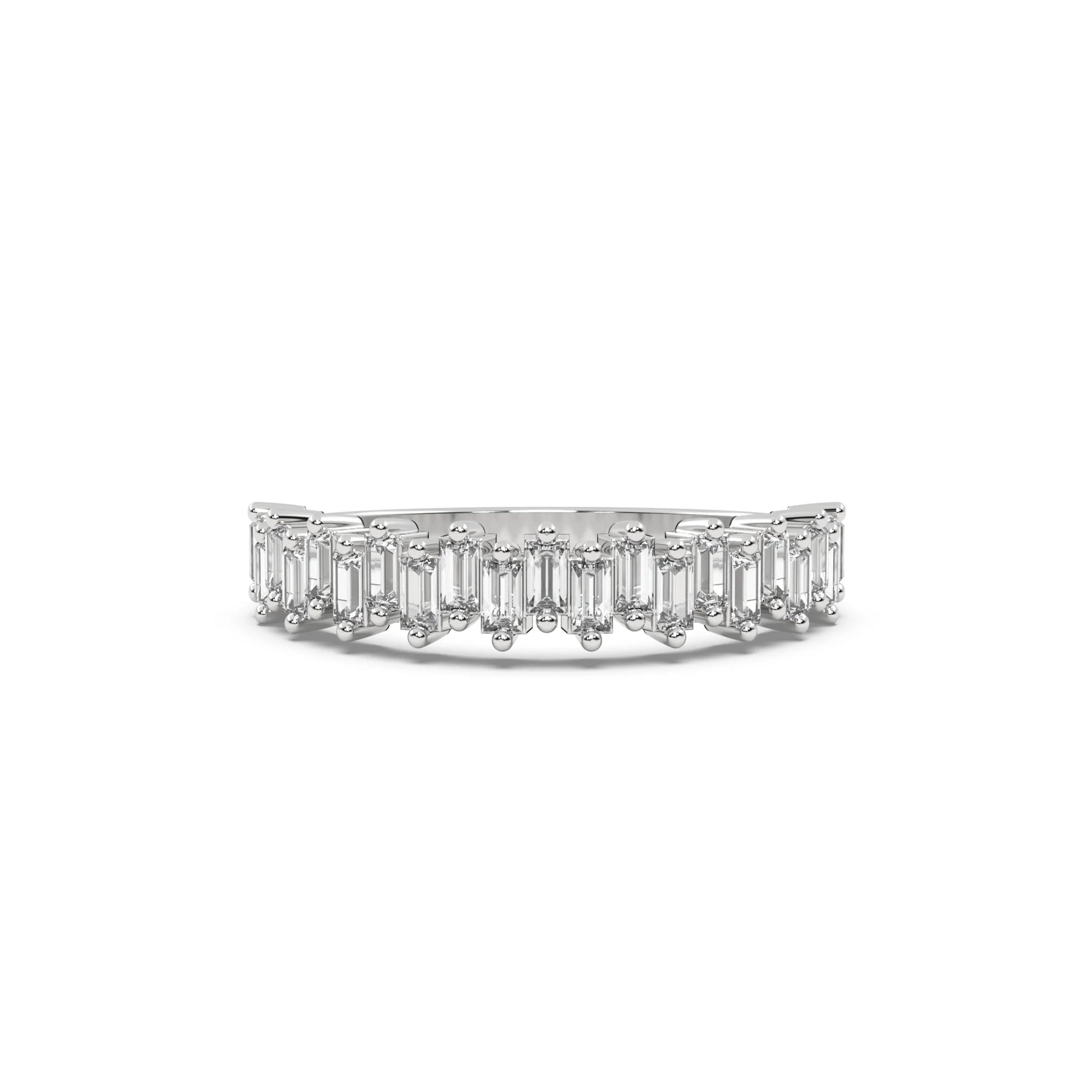 This white gold ring features baguette diamonds arranged in an up and down pattern, with each diamond securely set in a two prong setting in top view