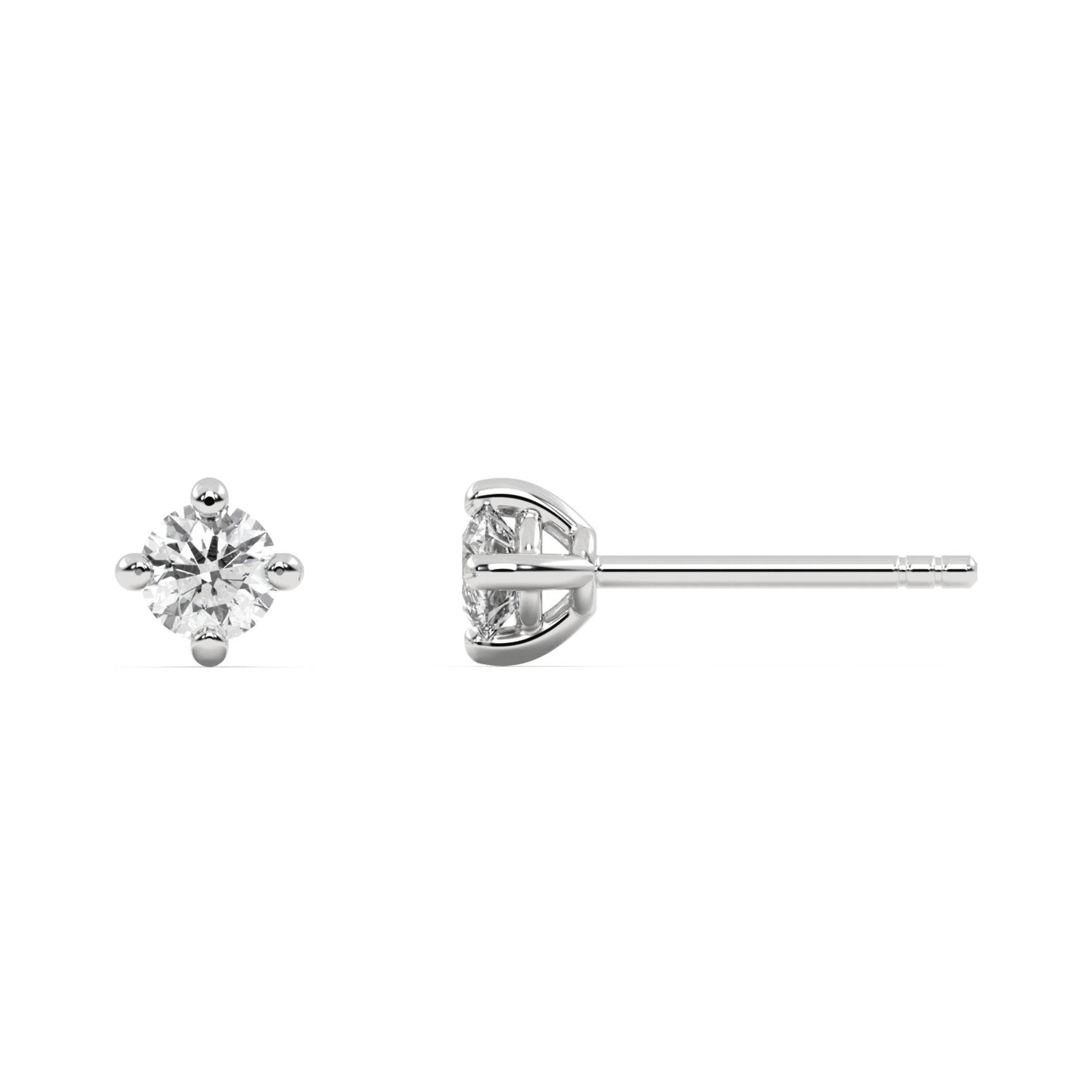 This white gold pair feature a classic round solitaire diamond in a four prong setting in top view and side view