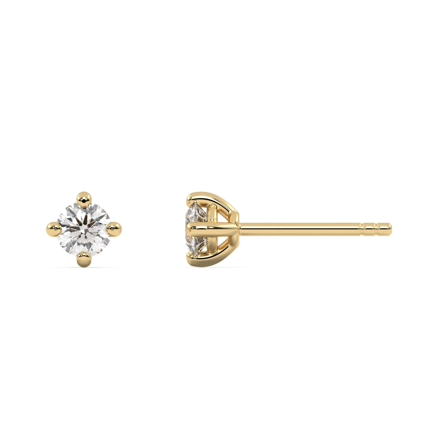 This yellow gold pair feature a classic round solitaire diamond in a four prong setting in top view and side view