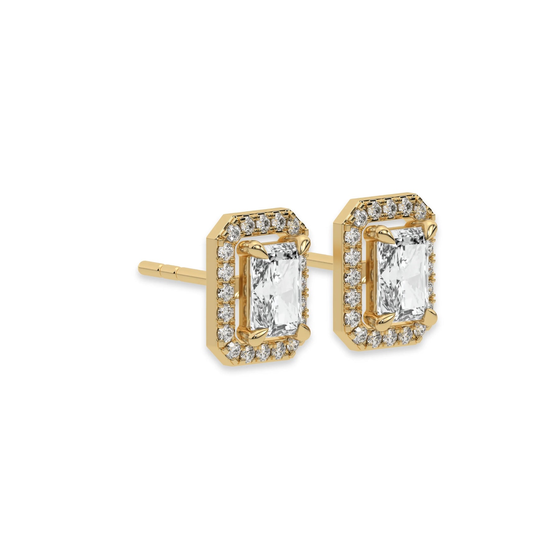 This yellow gold Classic Radiant Diamond Halo Earrings made with a radiant-cut solitaire diamonds set in a four prong setting in side view