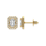 This yellow gold Classic Radiant Diamond Halo Earrings made with a radiant-cut solitaire diamonds set in a four prong setting in top view and side view