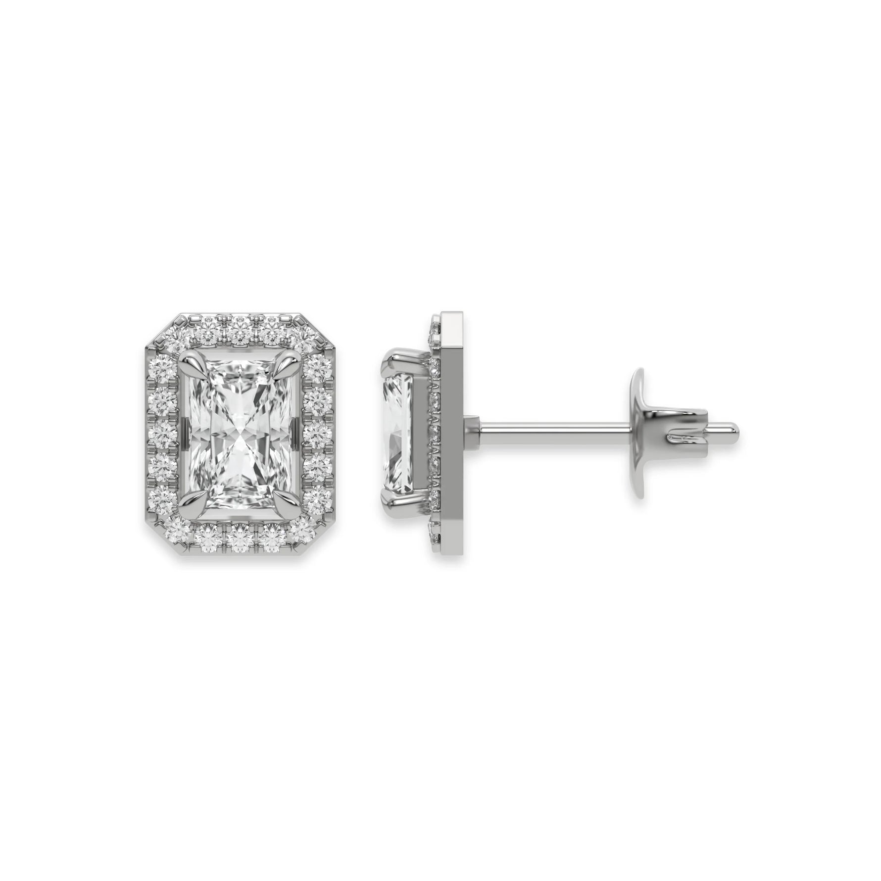 This white gold Classic Radiant Diamond Halo Earrings made with a radiant-cut solitaire diamonds set in a four prong setting in top view and side view