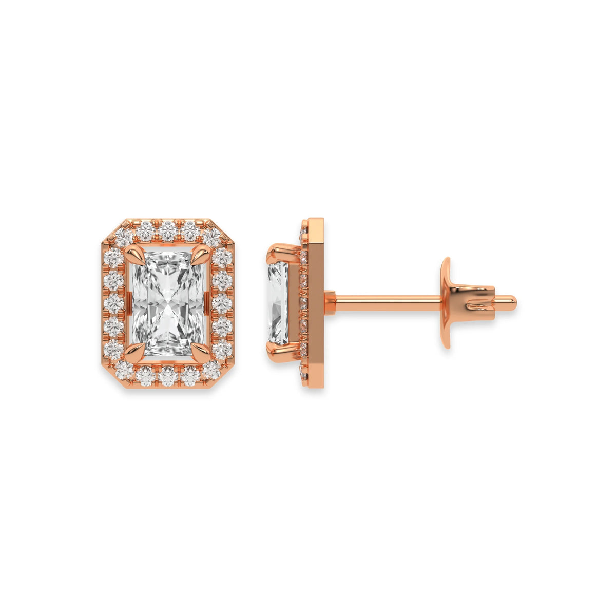 This rose gold Classic Radiant Diamond Halo Earrings made with a radiant-cut solitaire diamonds set in a four prong setting in top view and side view