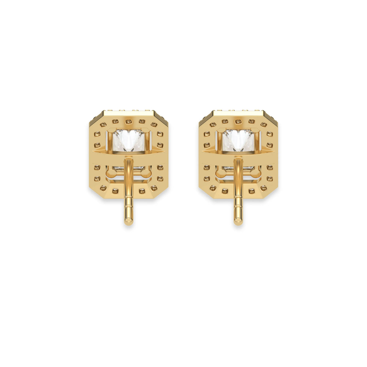 This yellow gold Classic Radiant Diamond Halo Earrings made with a radiant-cut solitaire diamonds set in a four prong setting in back view