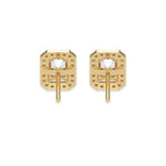 This yellow gold Classic Radiant Diamond Halo Earrings made with a radiant-cut solitaire diamonds set in a four prong setting in back view