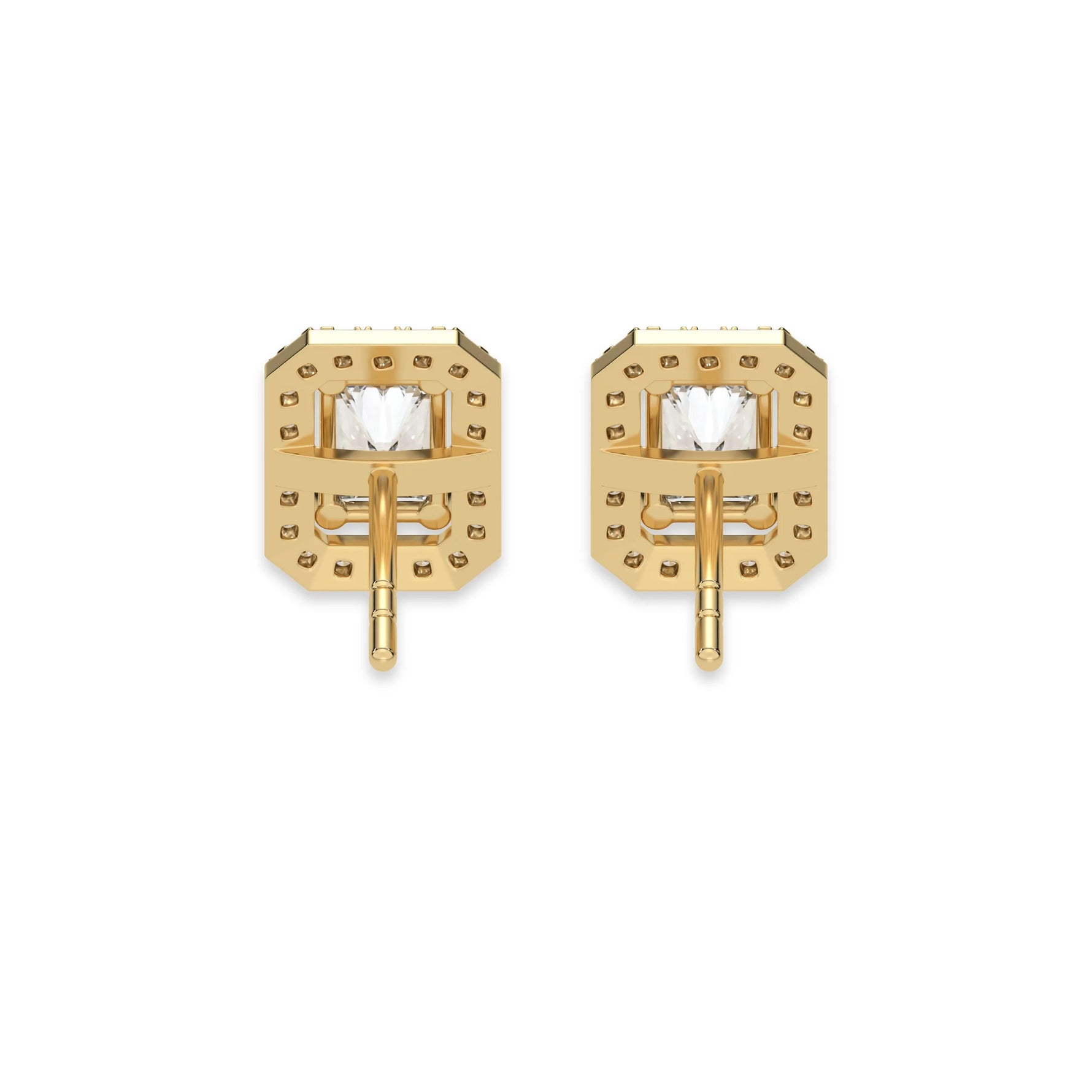 This yellow gold Classic Radiant Diamond Halo Earrings made with a radiant-cut solitaire diamonds set in a four prong setting in back view