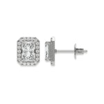 This white gold Classic Radiant Diamond Halo Earrings made with a radiant-cut solitaire diamonds set in a four prong setting in top view and side view