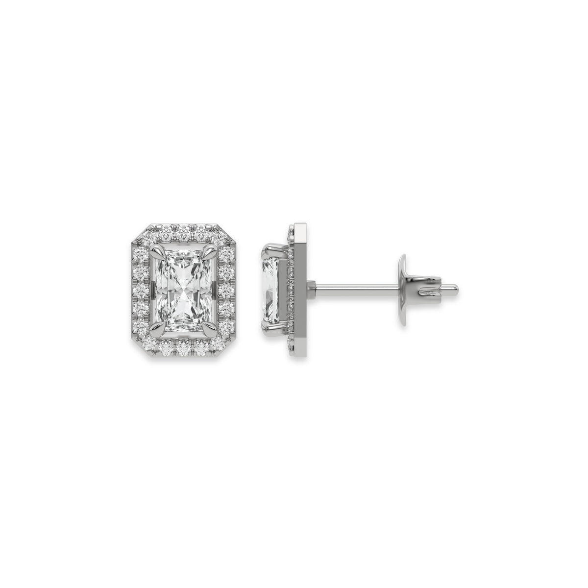 14k white gold Radiant Diamond Halo Earrings made with a radiant-cut solitaire diamonds set in a four prong setting