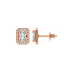 18k rose gold Radiant Diamond Halo Earrings made with a radiant-cut solitaire diamonds set in a four prong setting