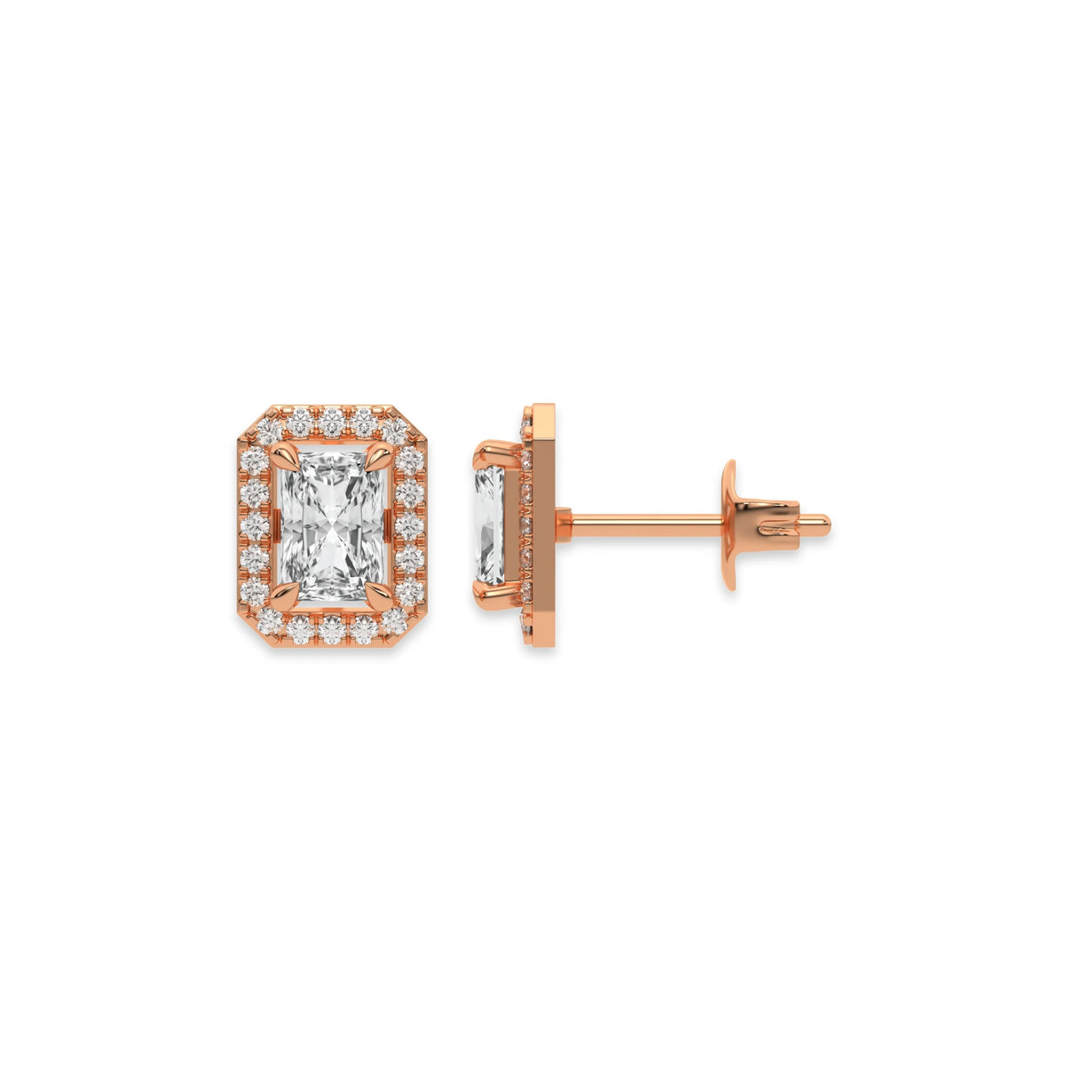18k rose gold Radiant Diamond Halo Earrings made with a radiant-cut solitaire diamonds set in a four prong setting
