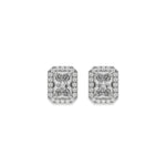 18k white gold Radiant Diamond Halo Earrings made with a radiant-cut solitaire diamonds set in a four prong setting