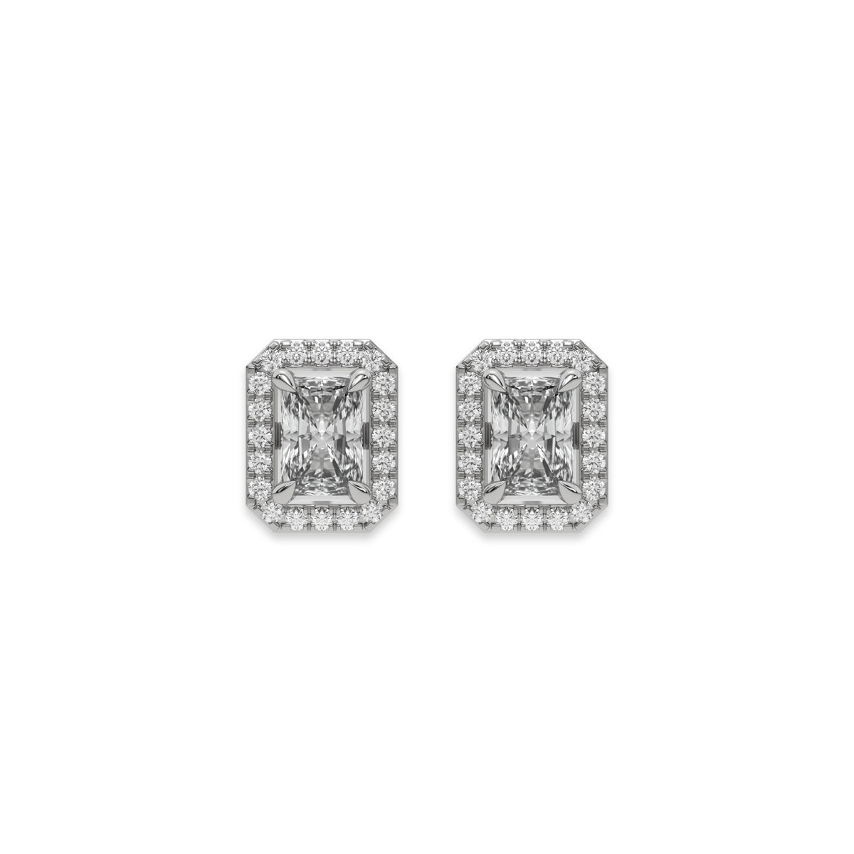 18k white gold Radiant Diamond Halo Earrings made with a radiant-cut solitaire diamonds set in a four prong setting