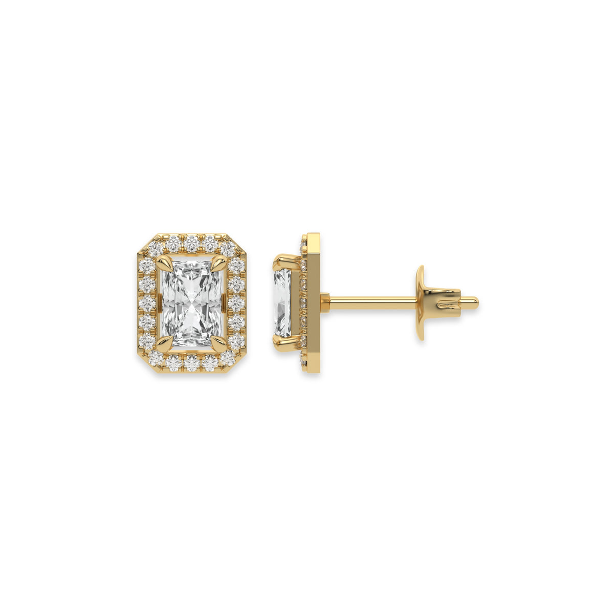 14k yellow gold Radiant Diamond Halo Earrings made with a radiant-cut solitaire diamonds set in a four prong setting
