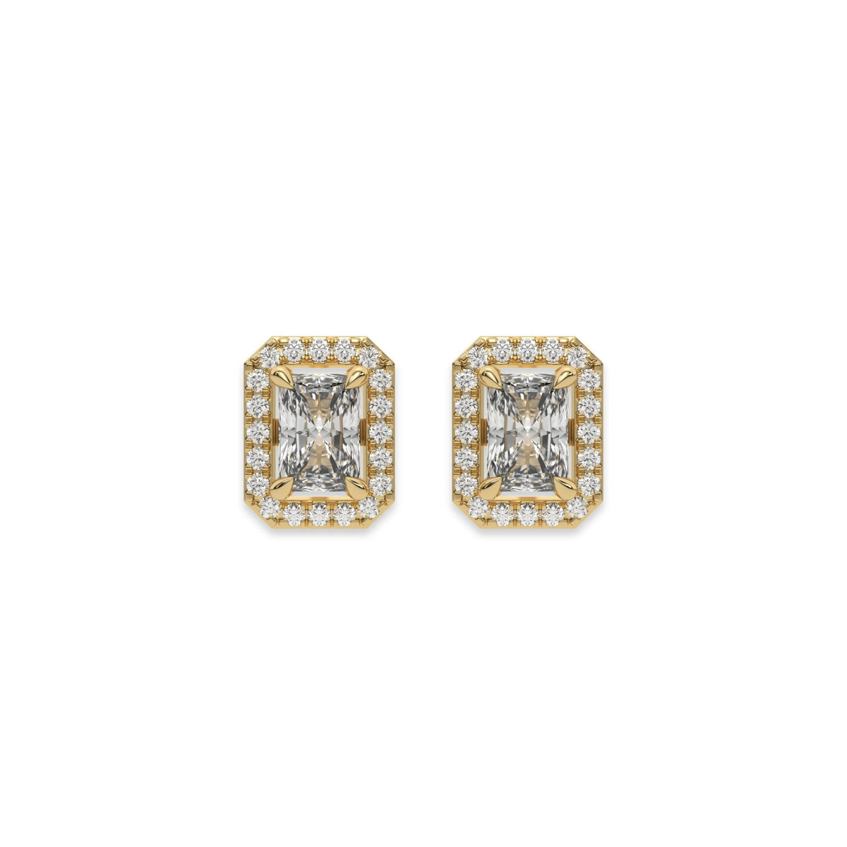 Radiant center stone and round diamond stud earring featured in prong and pave-set halo setting crafted in yellow gold.