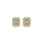 Radiant center stone and round diamond stud earring featured in prong and pave-set halo setting crafted in yellow gold.