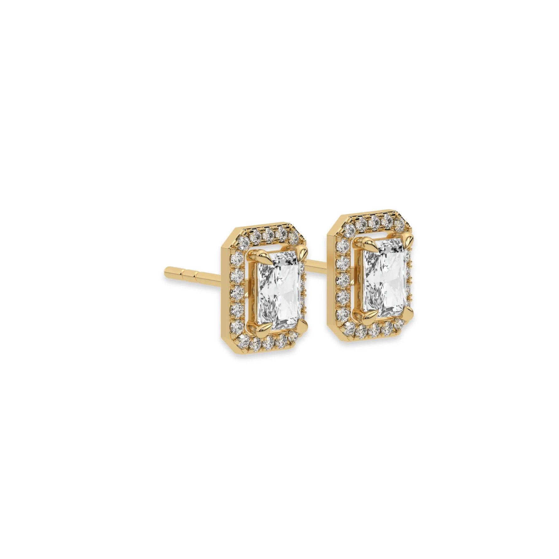 This yellow gold Classic Radiant Diamond Halo Earrings made with a radiant-cut solitaire diamonds set in a four prong setting in side view