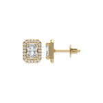 This yellow gold Classic Radiant Diamond Halo Earrings made with a radiant-cut solitaire diamonds set in a four prong setting in top view and side view