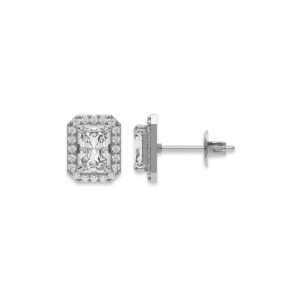 This white gold Classic Radiant Diamond Halo Earrings made with a radiant-cut solitaire diamonds set in a four prong setting in top view and side view