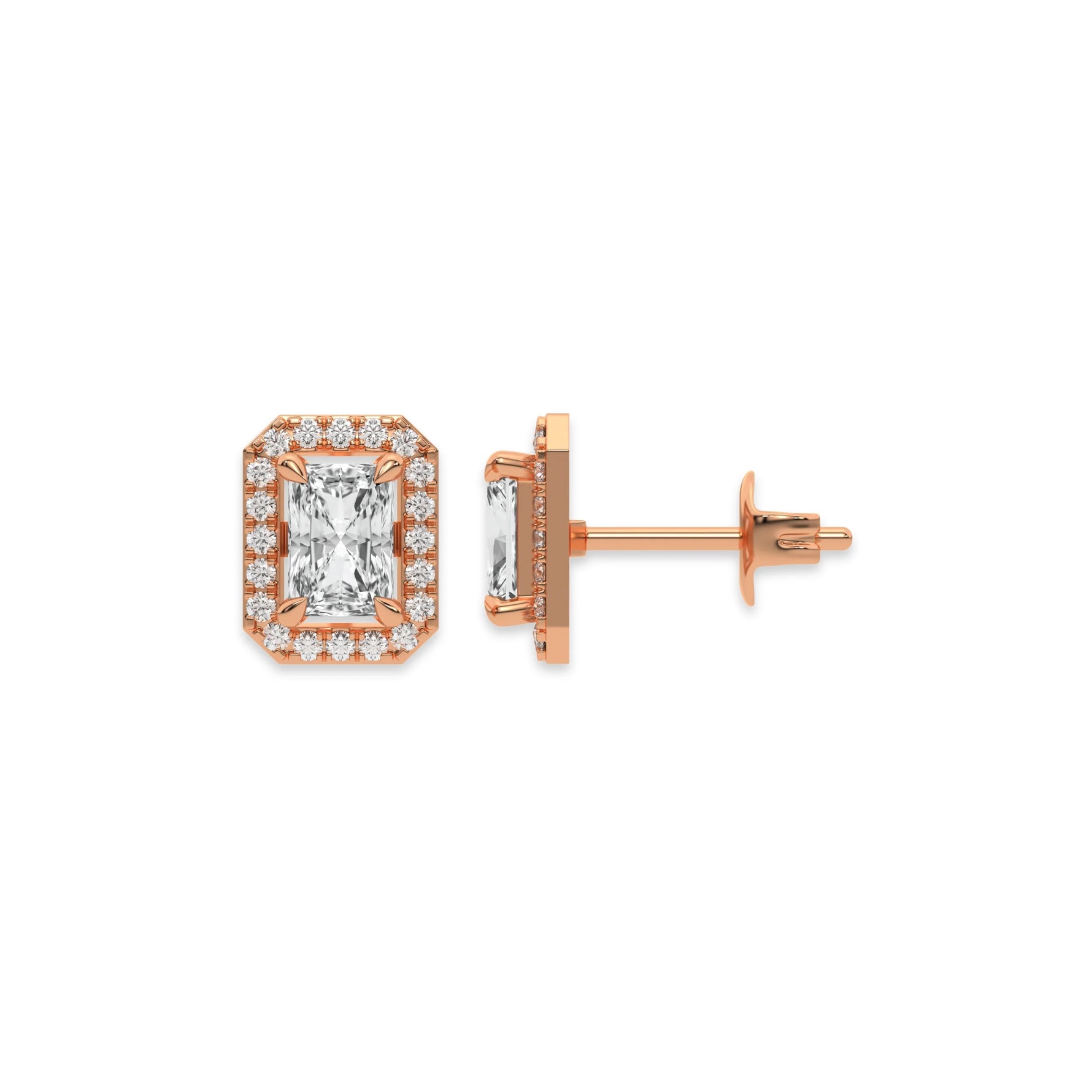 This rose gold Classic Radiant Diamond Halo Earrings made with a radiant-cut solitaire diamonds set in a four prong setting in top view and side view