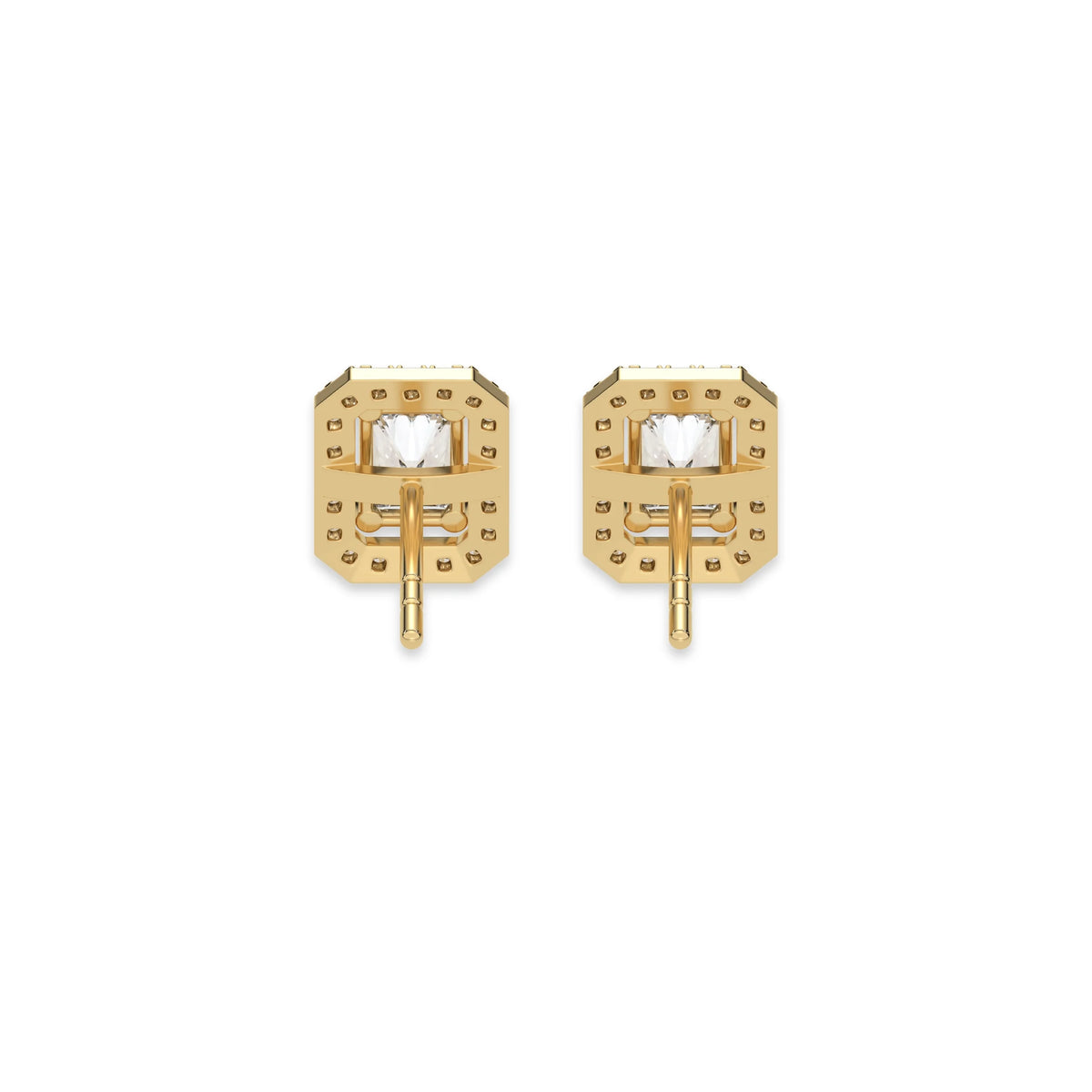 This yellow gold Classic Radiant Diamond Halo Earrings made with a radiant-cut solitaire diamonds set in a four prong setting in back view