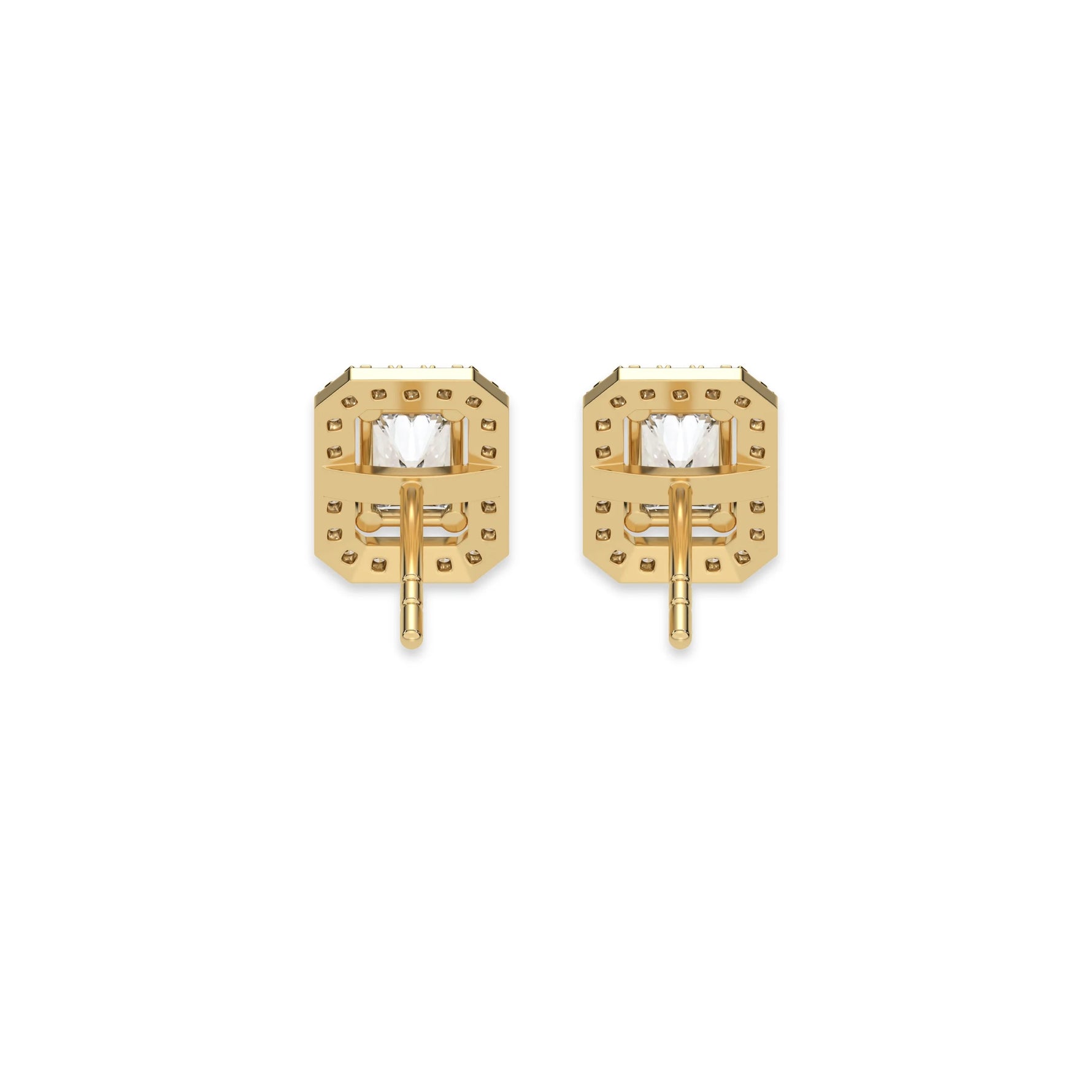 This yellow gold Classic Radiant Diamond Halo Earrings made with a radiant-cut solitaire diamonds set in a four prong setting in back view