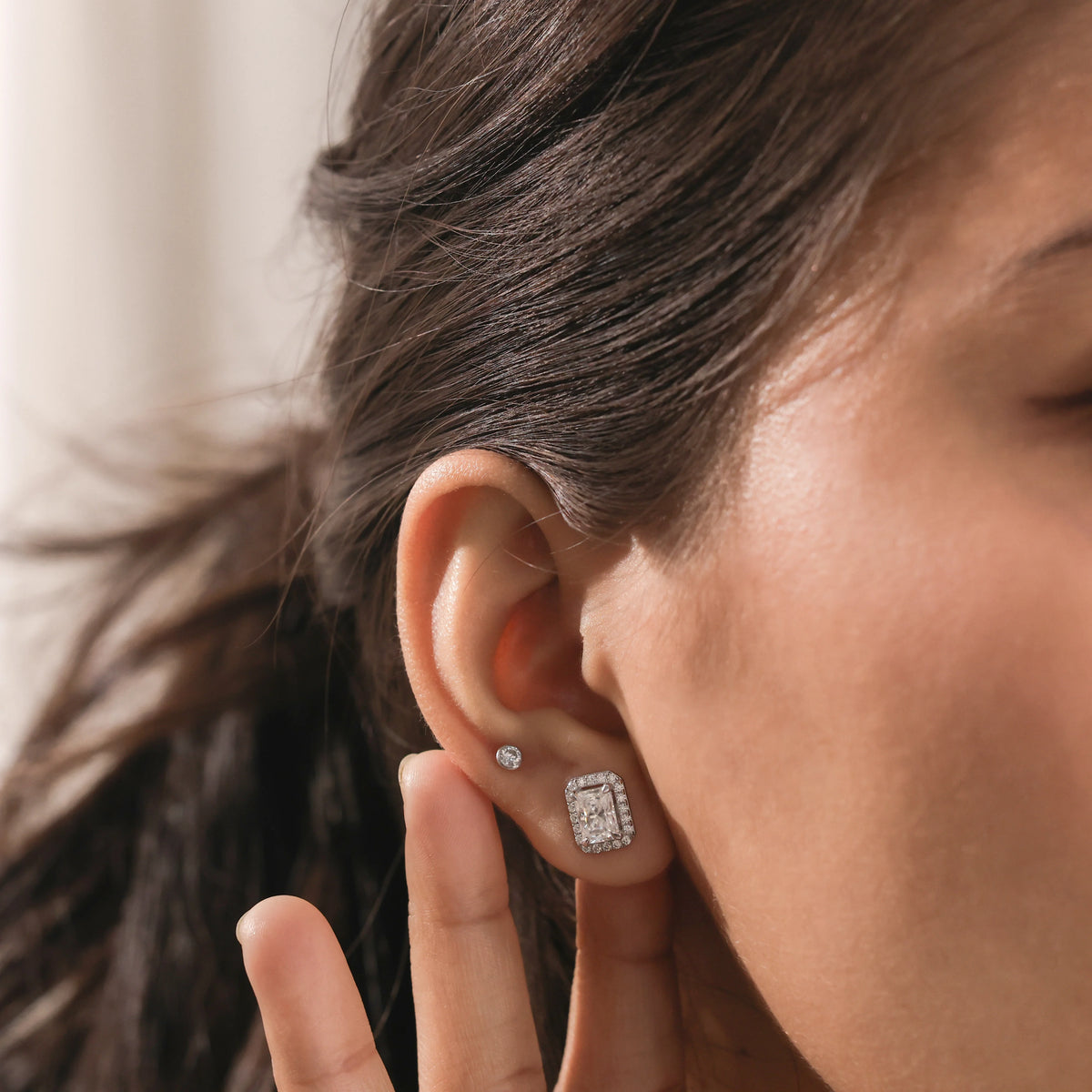 Radiant Cut Halo Gold Earring 