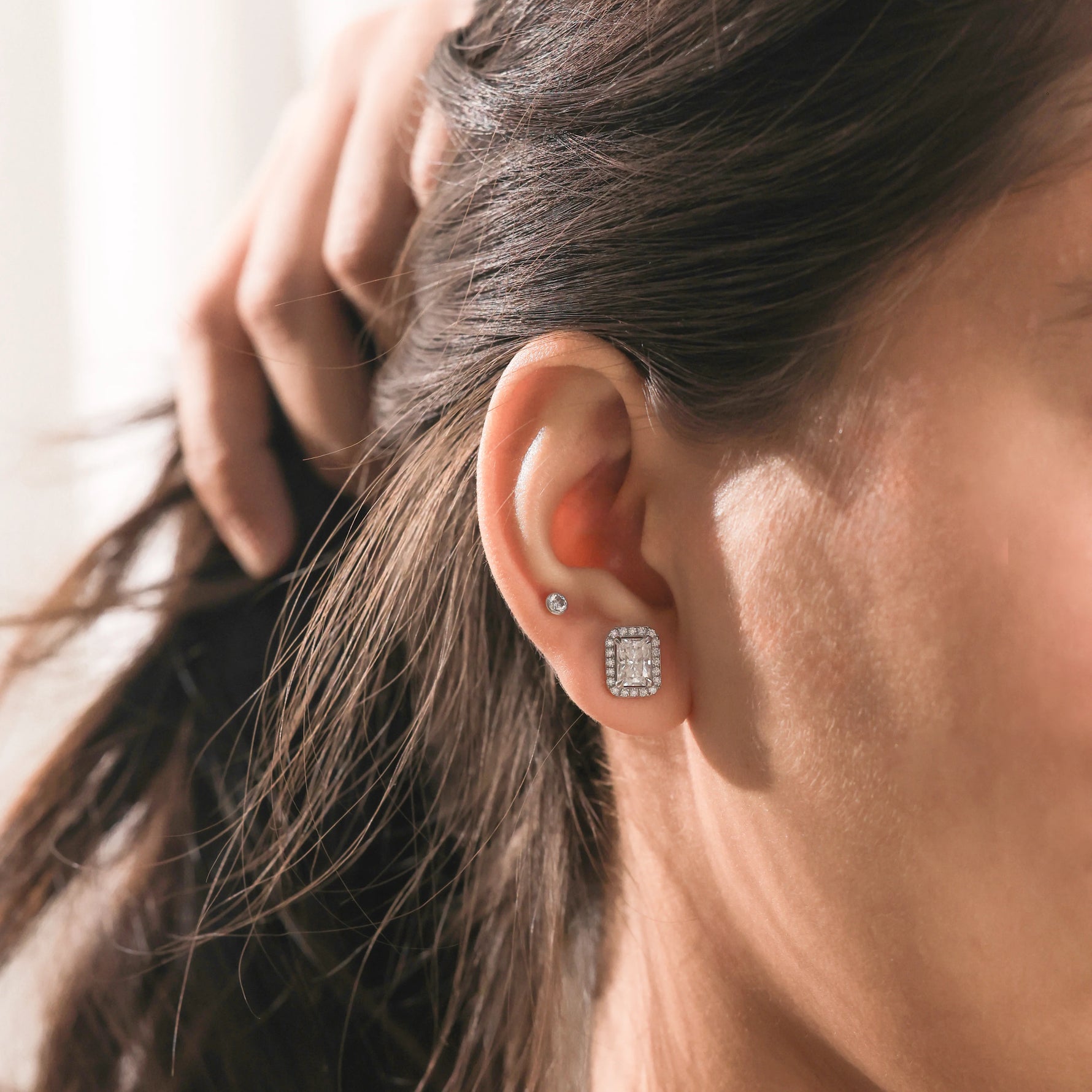 Radiant Cut Halo Stud Earring 