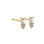 This yellow gold Cluster Diamond Studs made with two different cuts of diamonds, radiant and round. The unique combination of different shapes forms a unique cluster design and all set in a prong setting in side view