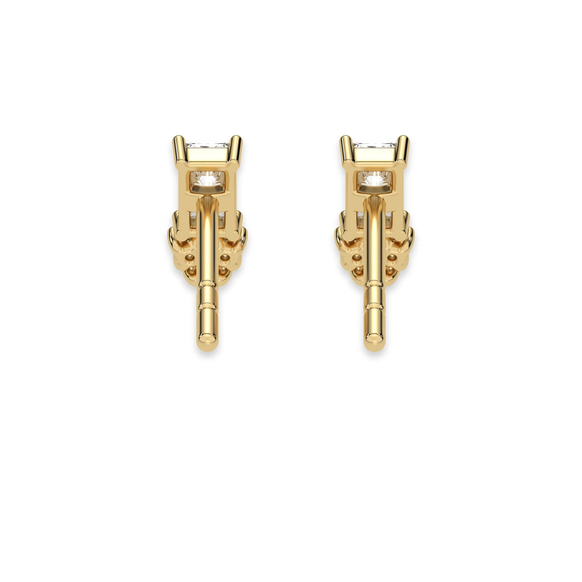 This yellow gold Cluster Diamond Studs made with two different cuts of diamonds, radiant and round. The unique combination of different shapes forms a unique cluster design and all set in a prong setting in back view