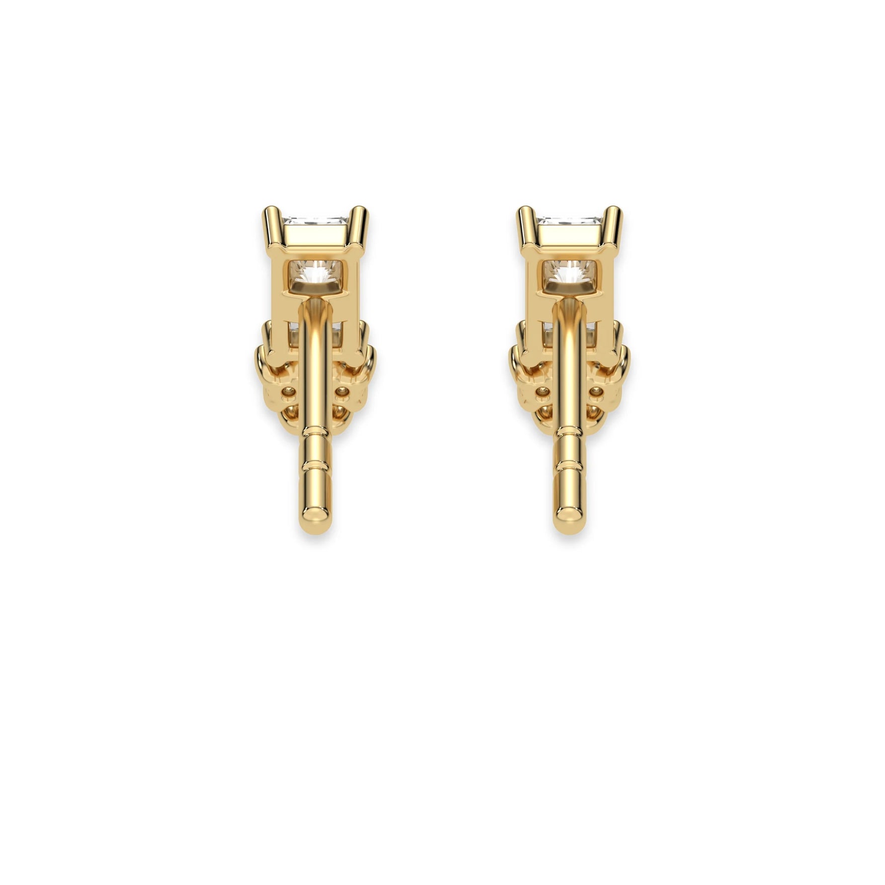 This yellow gold Cluster Diamond Studs made with two different cuts of diamonds, radiant and round. The unique combination of different shapes forms a unique cluster design and all set in a prong setting in back view