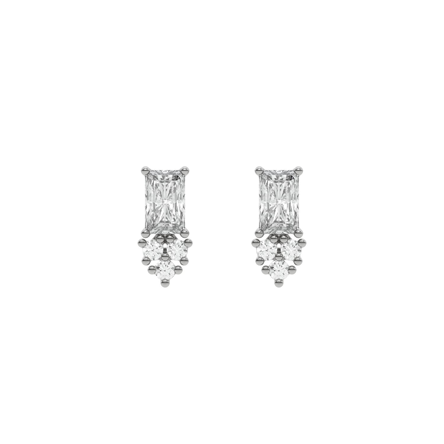 14k white gold natural radiant and round cut diamond cluster stud earrings set in prong setting.