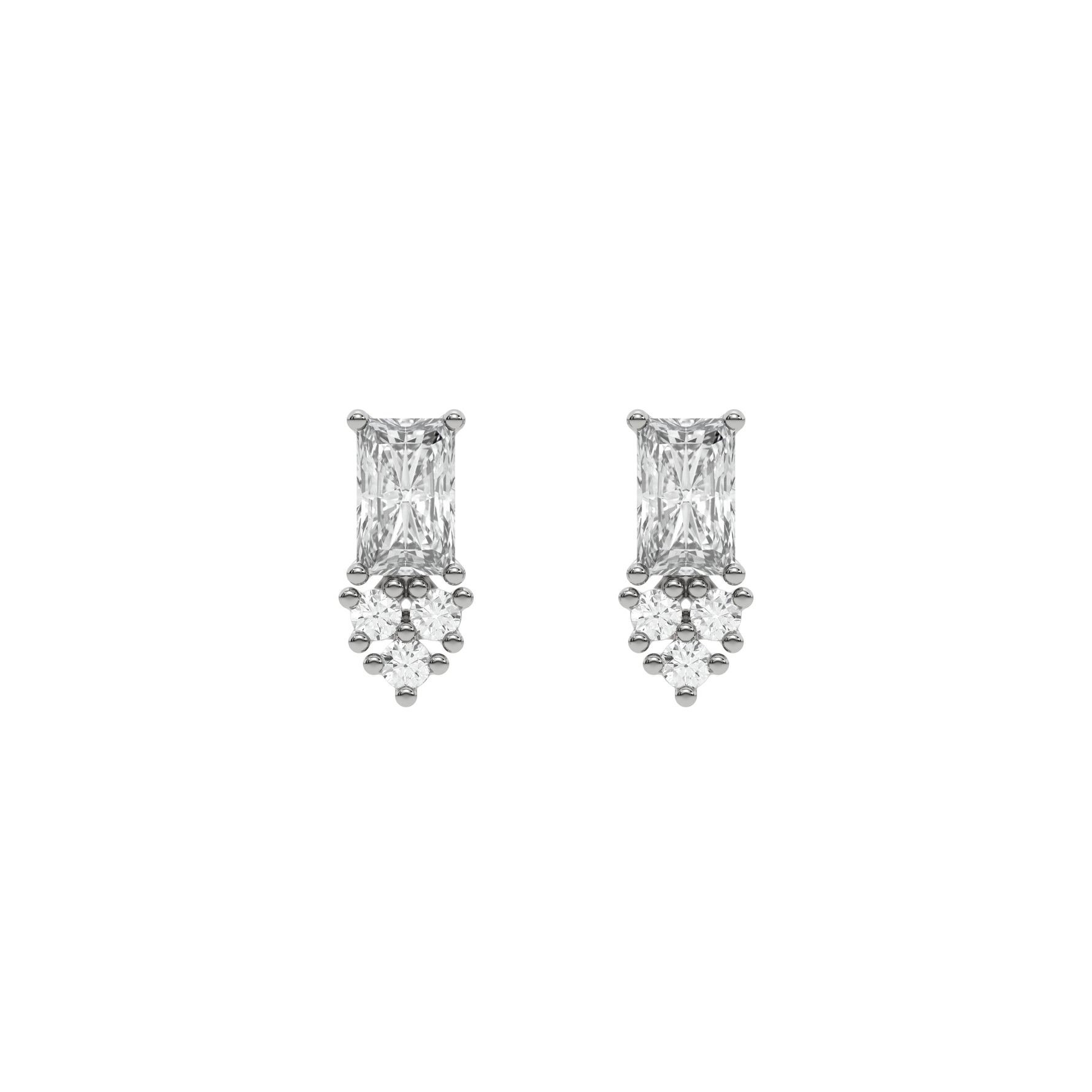 14k white gold natural radiant and round cut diamond cluster stud earrings set in prong setting.