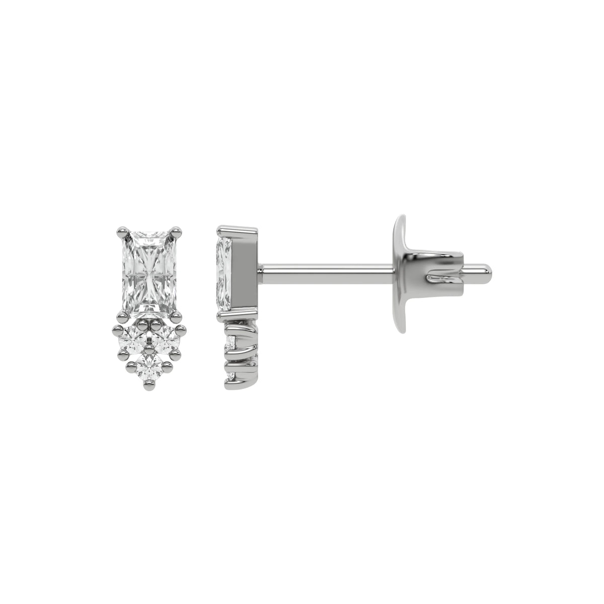 This white gold Cluster Diamond Studs made with two different cuts of diamonds, radiant and round. The unique combination of different shapes forms a unique cluster design and all set in a prong setting in top view and side view