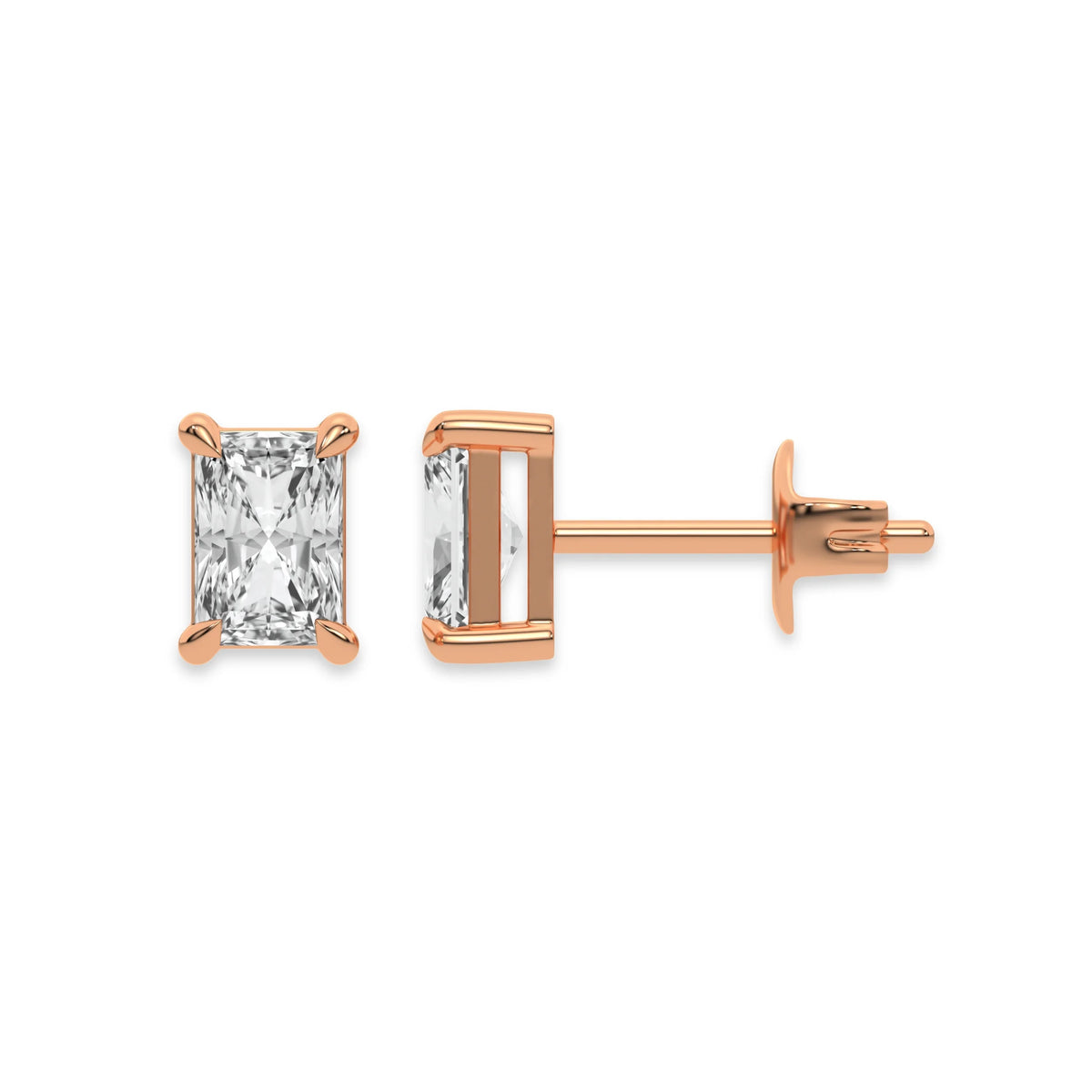 Front and side profile view of a Radiant diamond stud earring in prong-set and rose gold with a white background.