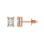 Front and side profile view of a Radiant diamond stud earring in prong-set and rose gold with a white background.