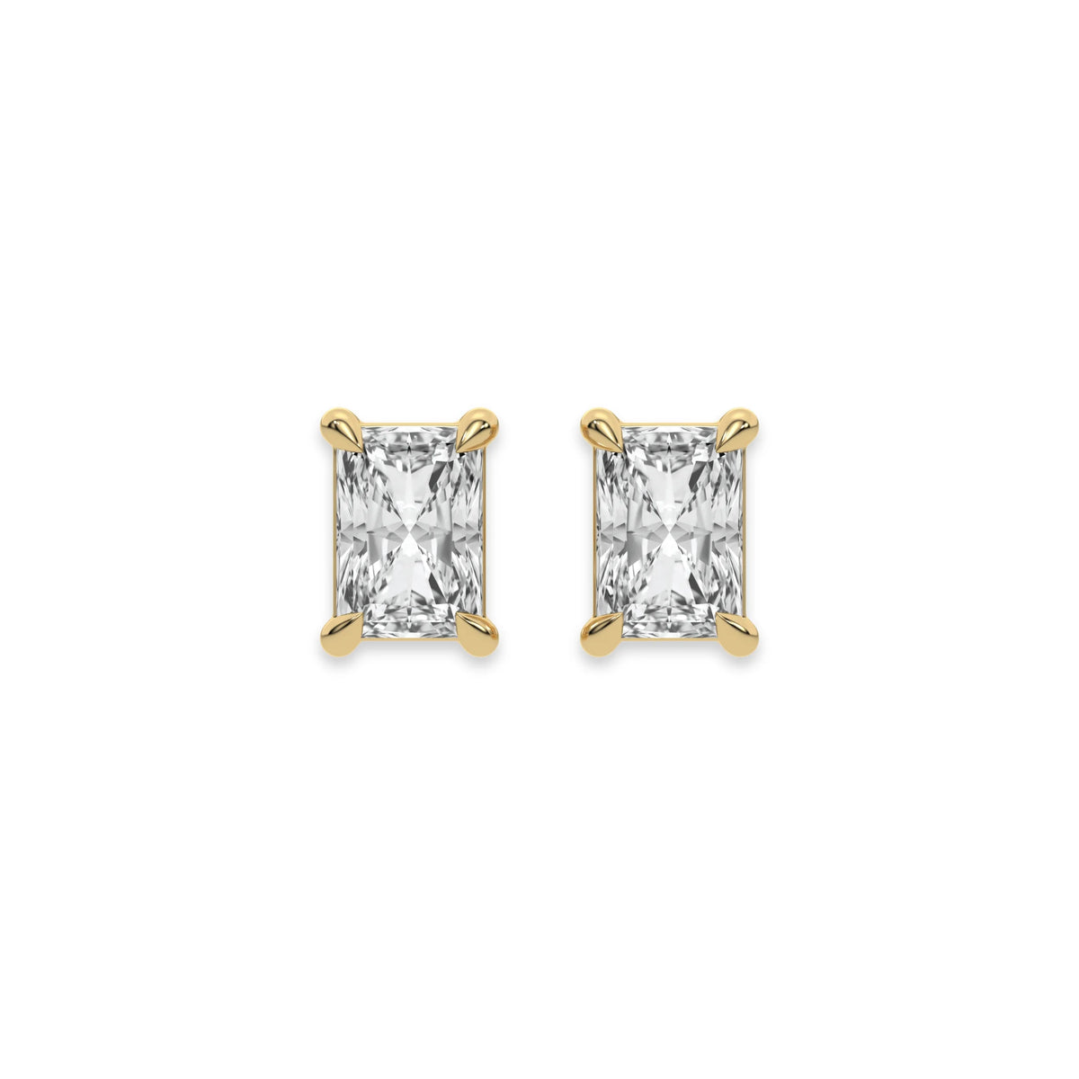 Front-facing view of a pair displaying a Radiant diamond stud earring in prong-set and yellow gold on a plain white background.