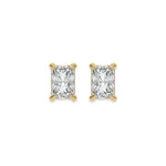 Front-facing view of a pair displaying a Radiant diamond stud earring in prong-set and yellow gold on a plain white background.