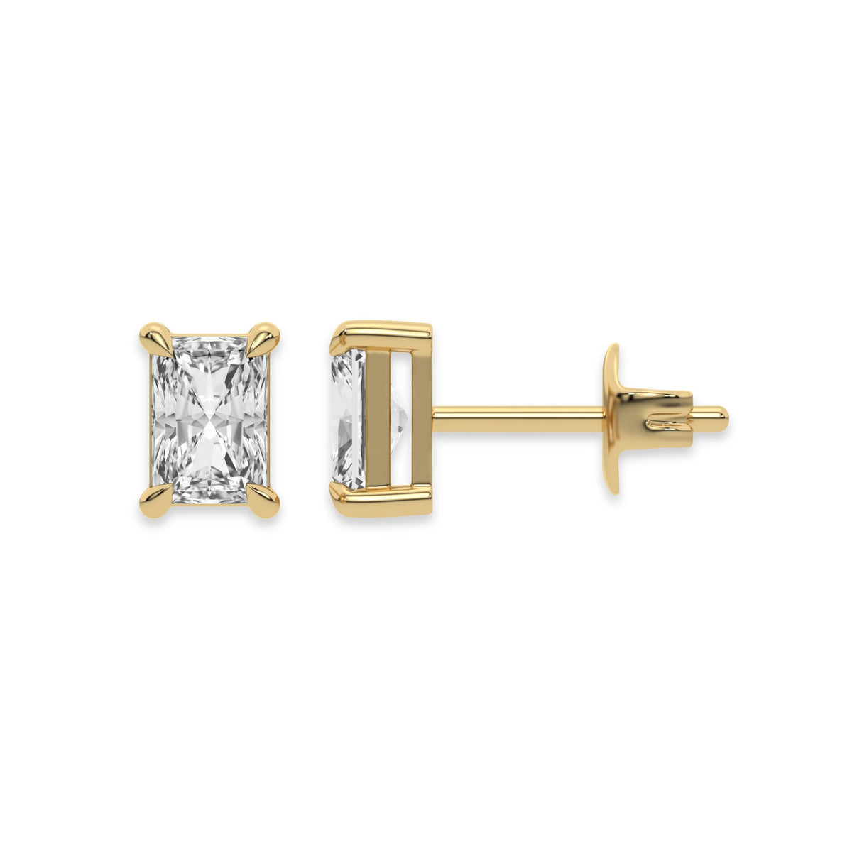 Front and side profile view of a Radiant diamond stud earring in prong-set and yellow gold with a white background.