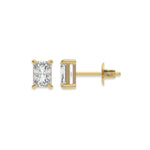 This yellow gold Classic Radiant Diamond Earrings made with a radiant-cut diamonds set in a four prong setting in top view and side view