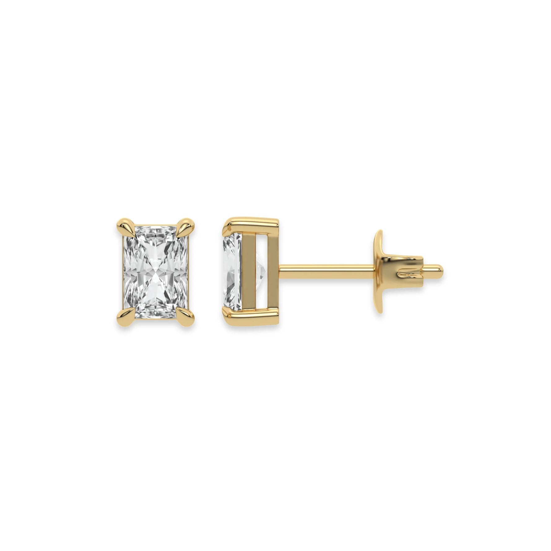 This yellow gold Classic Radiant Diamond Earrings made with a radiant-cut diamonds set in a four prong setting in top view and side view