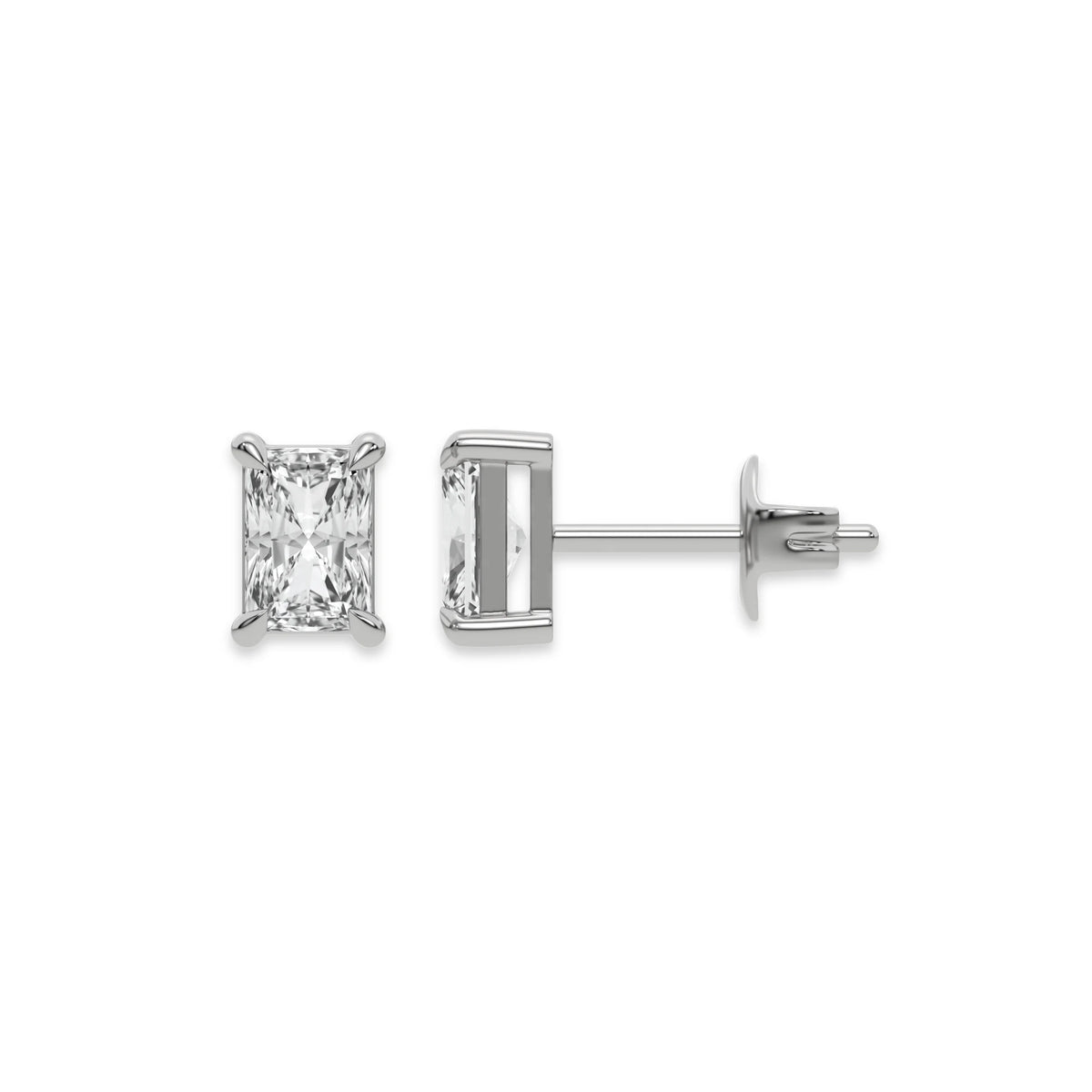 This white gold Classic Radiant Diamond Earrings made with a radiant-cut diamonds set in a four prong setting in top view and side view