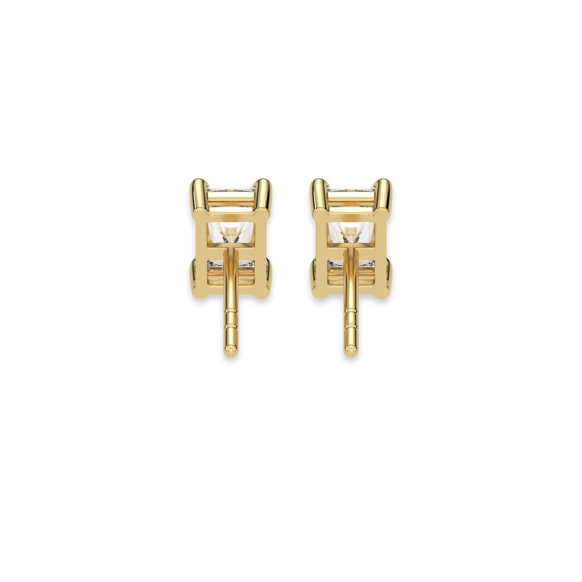 This yellow gold Classic Radiant Diamond Earrings made with a radiant-cut diamonds set in a four prong setting in back view