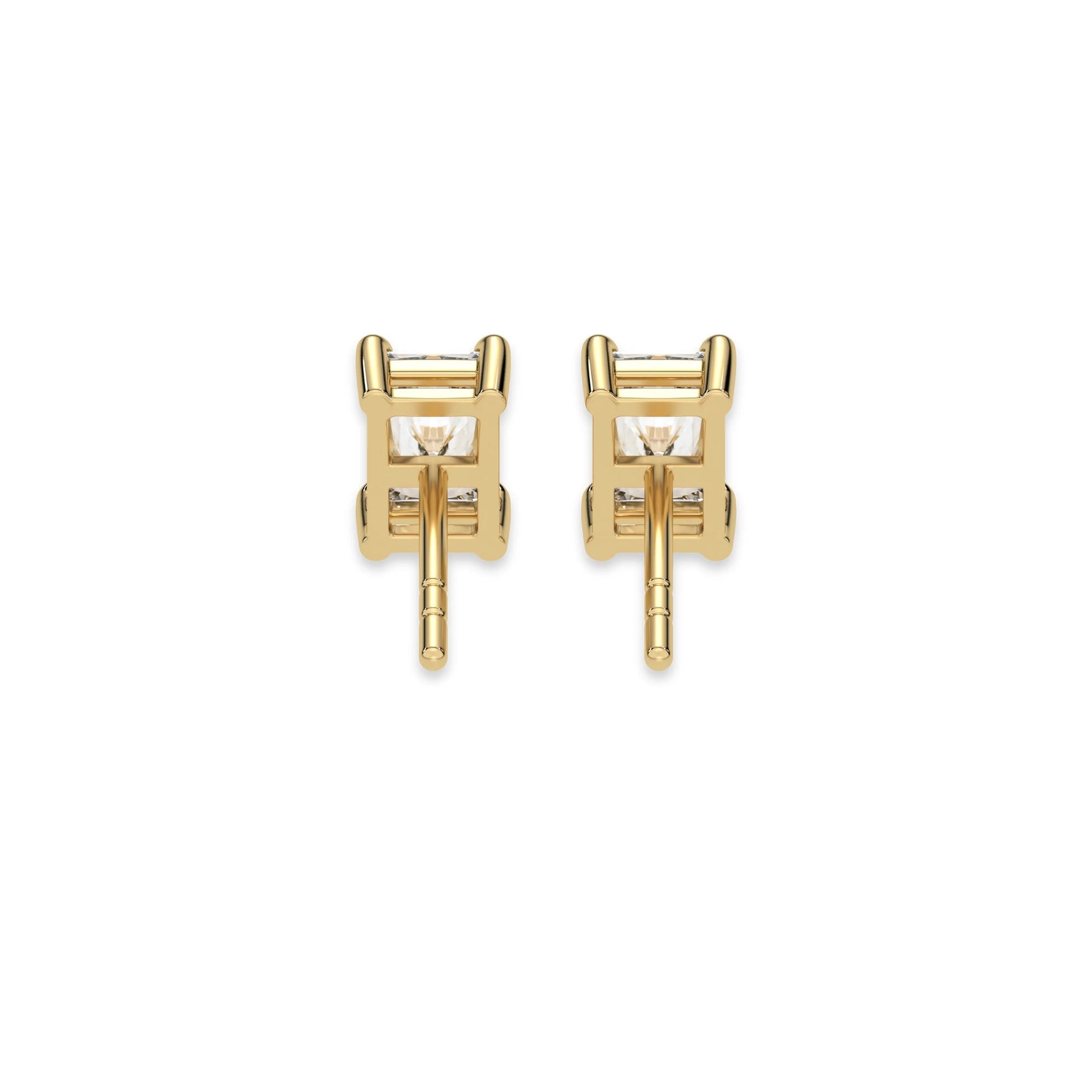 This yellow gold Classic Radiant Diamond Earrings made with a radiant-cut diamonds set in a four prong setting in back view