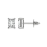 Front and side profile view of a Radiant diamond stud earring in prong-set and white gold with a white background.