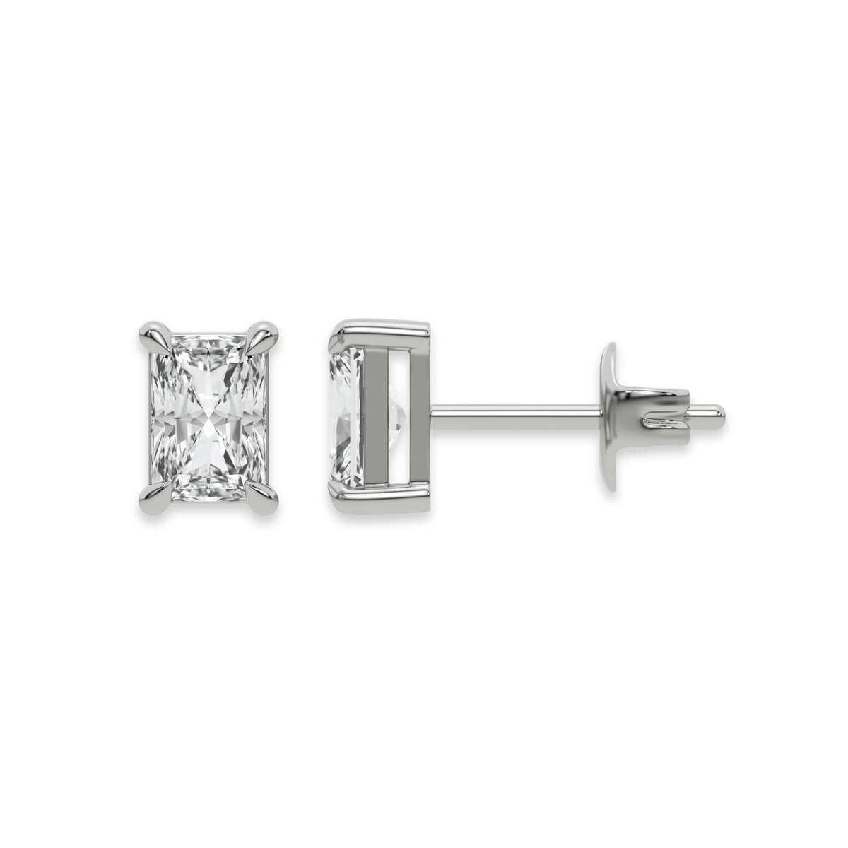 Front and side profile view of a Radiant diamond stud earring in prong-set and white gold with a white background.
