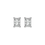 Front-facing view of a pair displaying a Radiant diamond stud earring in prong-set and white gold on a plain white background.