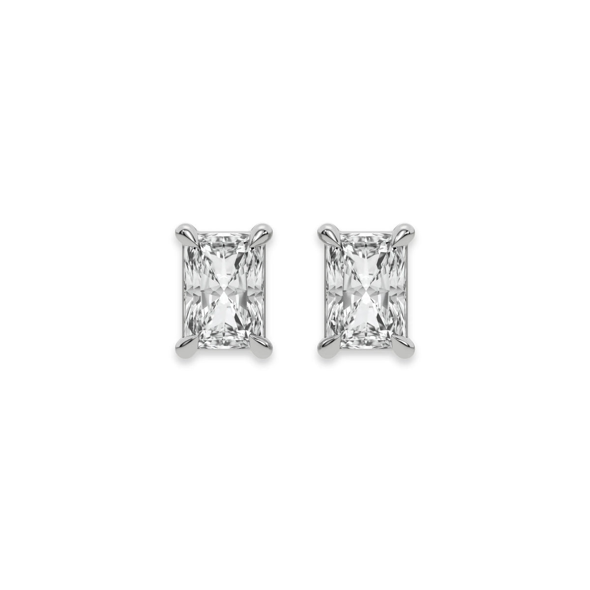 Front-facing view of a pair displaying a Radiant diamond stud earring in prong-set and white gold on a plain white background.
