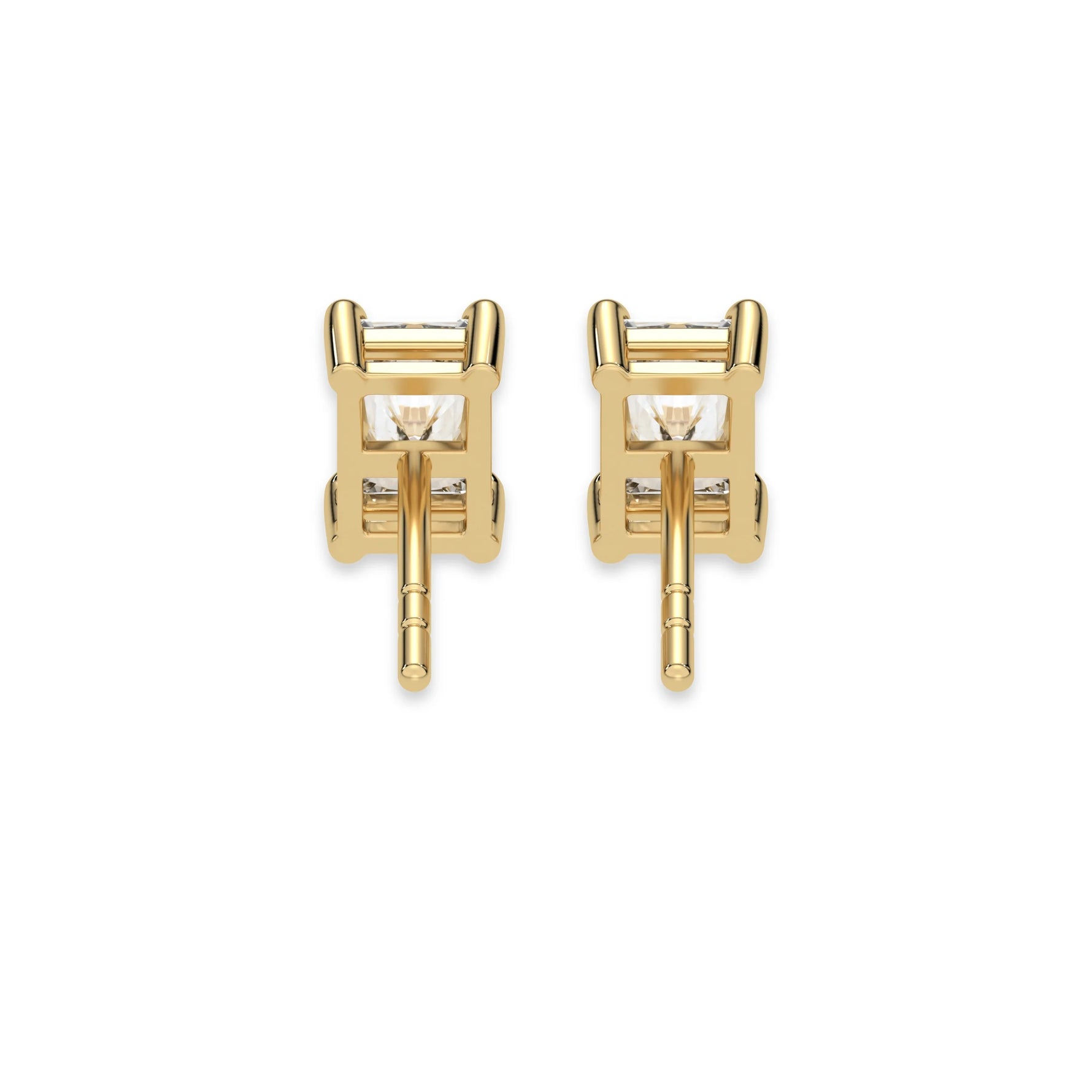 This yellow gold Classic Radiant Diamond Earrings made with a radiant-cut diamonds set in a four prong setting in back view